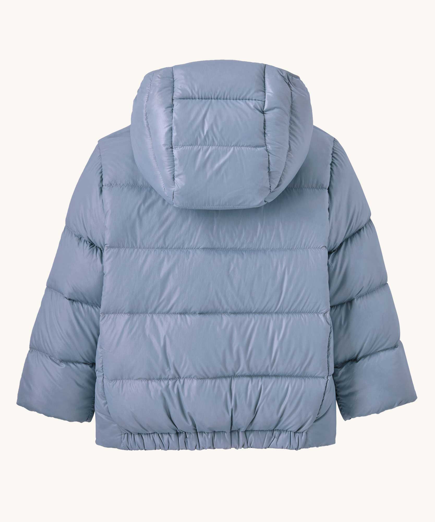 A view of the back of the Patagonia Little Kids Hi-Loft Down Sweater Hoody Jacket in a Barnacle Blue colour. 