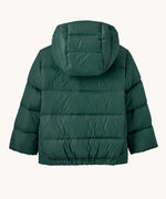 The back of the Patagonia little kids hi-loft down sweater hoody jacket in cascade green available at Babipur. A warm down hooded jacket in dark green. Feeatures a full length zip fastener and side zip pockets.