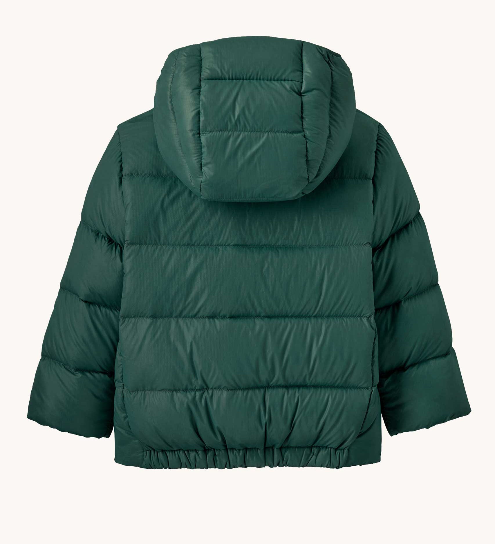 The back of the Patagonia little kids hi-loft down sweater hoody jacket in cascade green available at Babipur. A warm down hooded jacket in dark green. Feeatures a full length zip fastener and side zip pockets.
