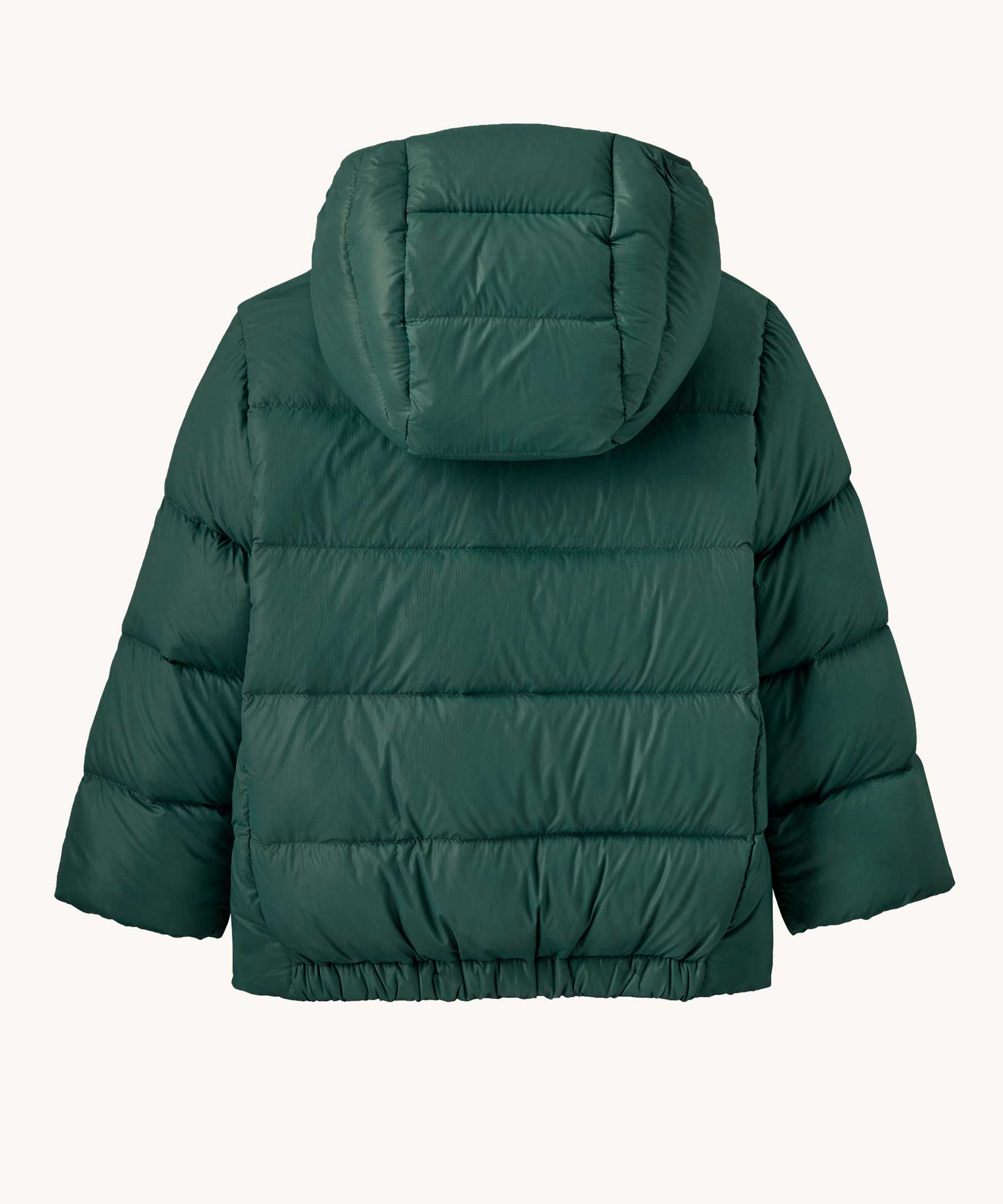 The back of the Patagonia little kids hi-loft down sweater hoody jacket in cascade green available at Babipur. A warm down hooded jacket in dark green. Feeatures a full length zip fastener and side zip pockets.