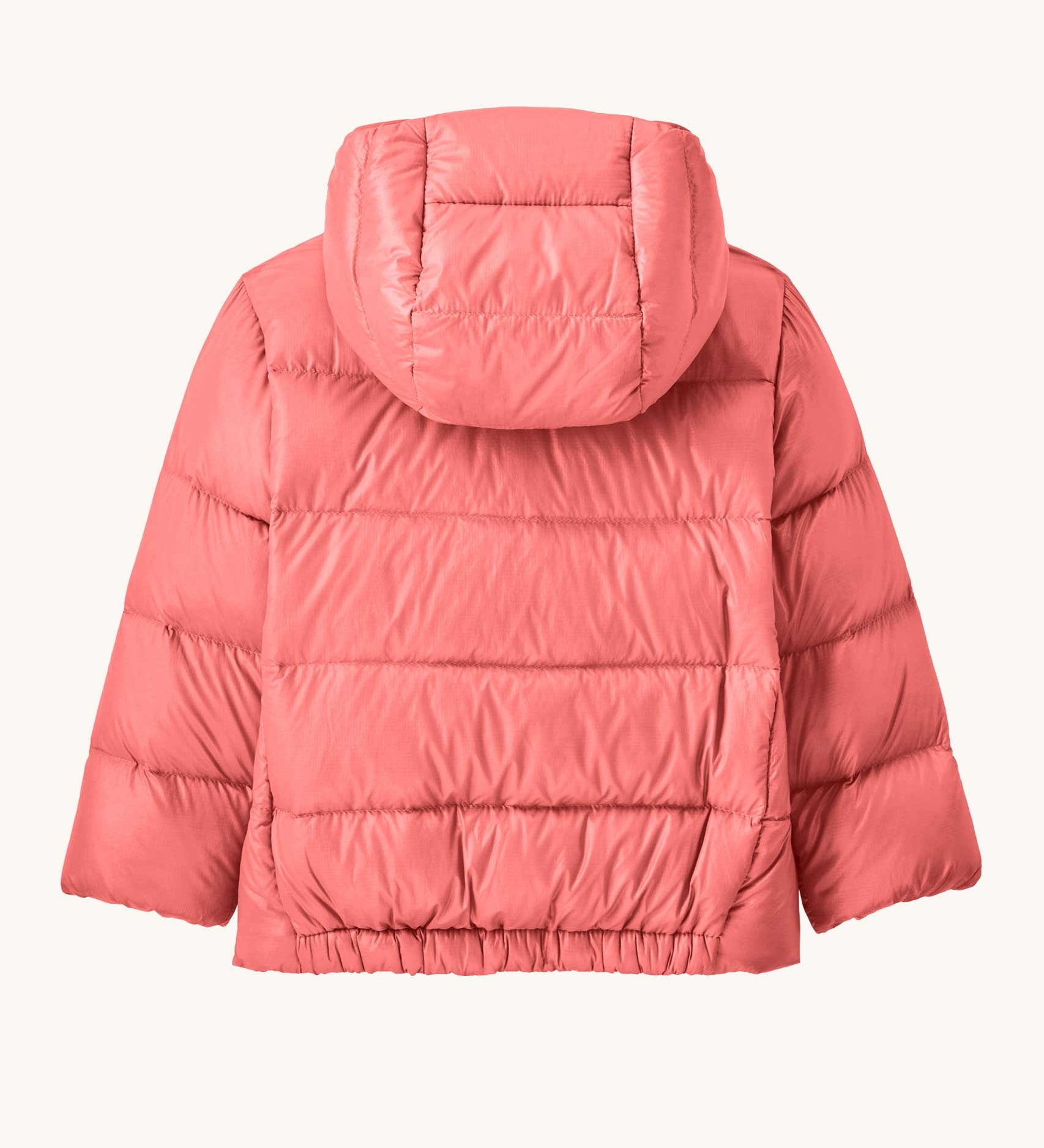The back of the Patagonia Baby Hi-Loft Down Sweater Hoody Jacket in a Sparkle Pink colour.  A warm down hooded jacket in a pink colour. Feeatures a full length zip fastener and side zip pockets.