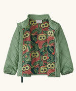 Patagonia Little Kids Nano Puff® Insulated Jacket Elwood Green open front showing colourful abstract print lining inside the baby insulated jacket.