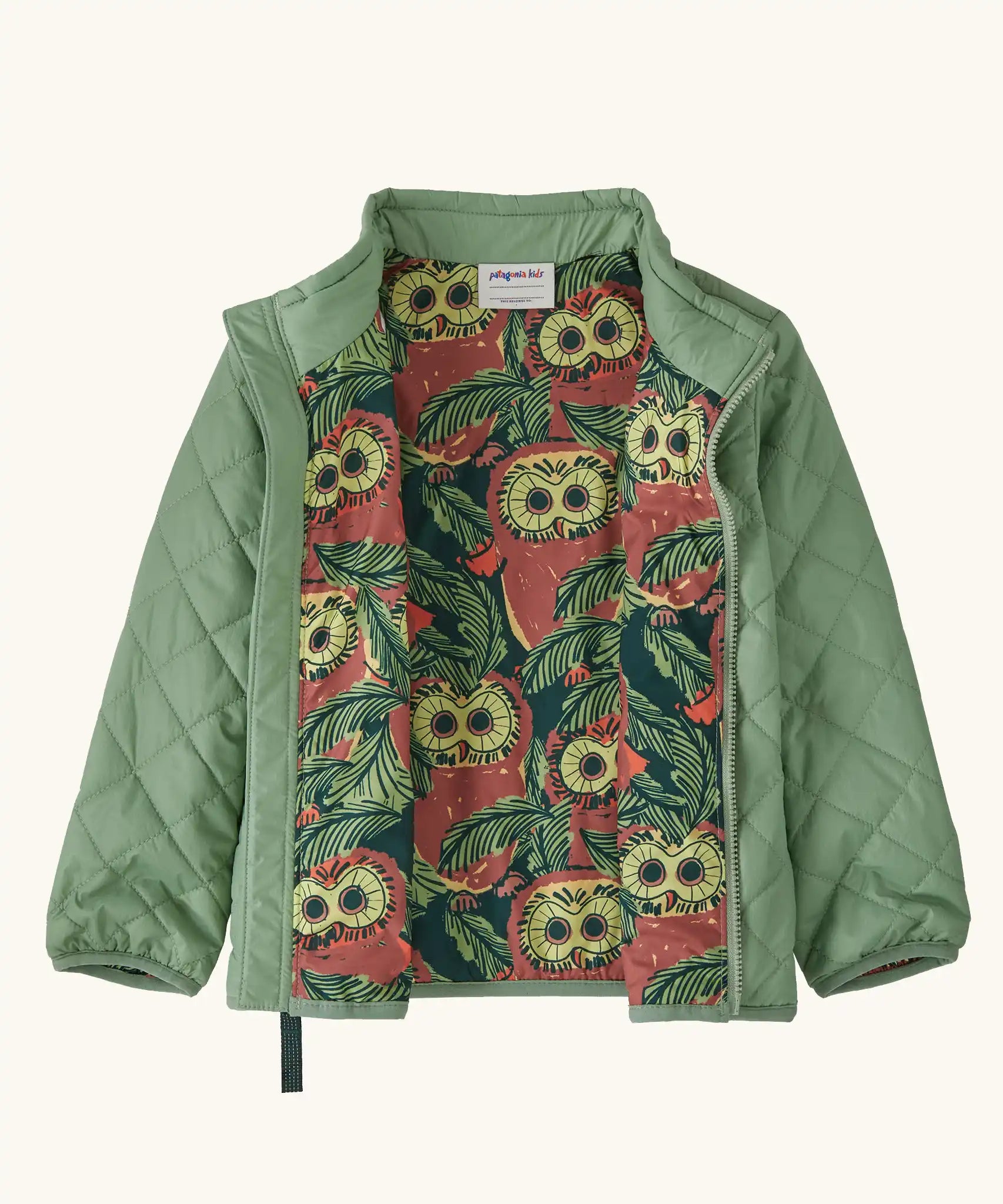 Patagonia Little Kids Nano Puff® Insulated Jacket Elwood Green open front showing colourful abstract print lining inside the baby insulated jacket.