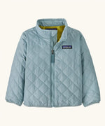Patagonia Little Kids Nano Puff® Insulated Jacket Thermal Blue front view of lightweight quilted baby jacket with zip and Patagonia chest logo.