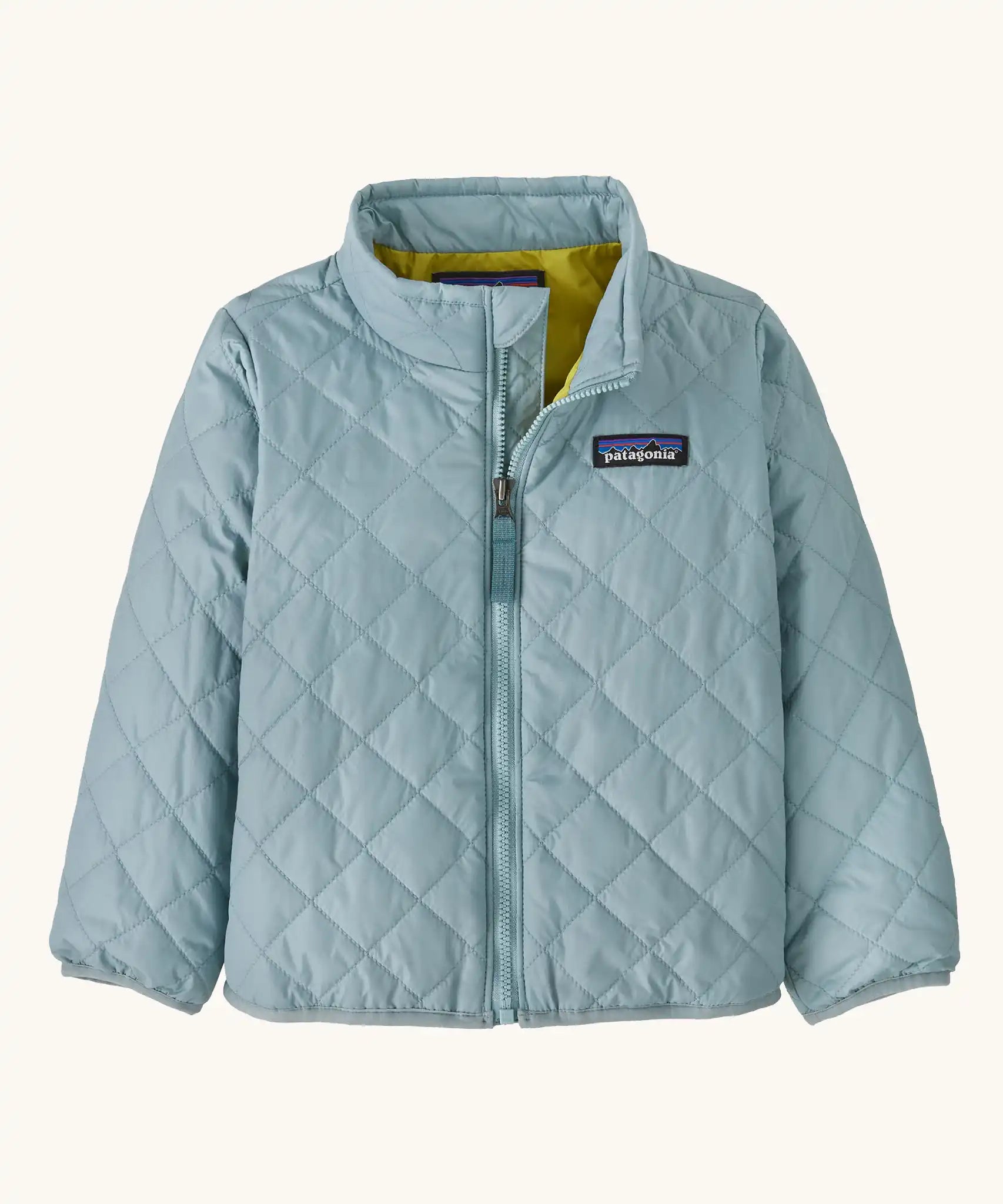 Patagonia Little Kids Nano Puff® Insulated Jacket Thermal Blue front view of lightweight quilted baby jacket with zip and Patagonia chest logo.