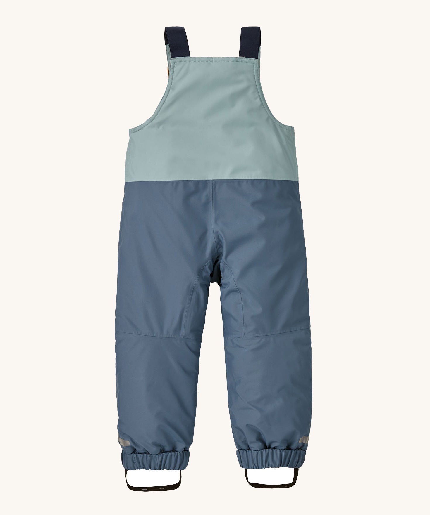 A view of the back of the Patagonia Baby Snow Pile Bibs in a  Thermal Blue colour on a plain background.