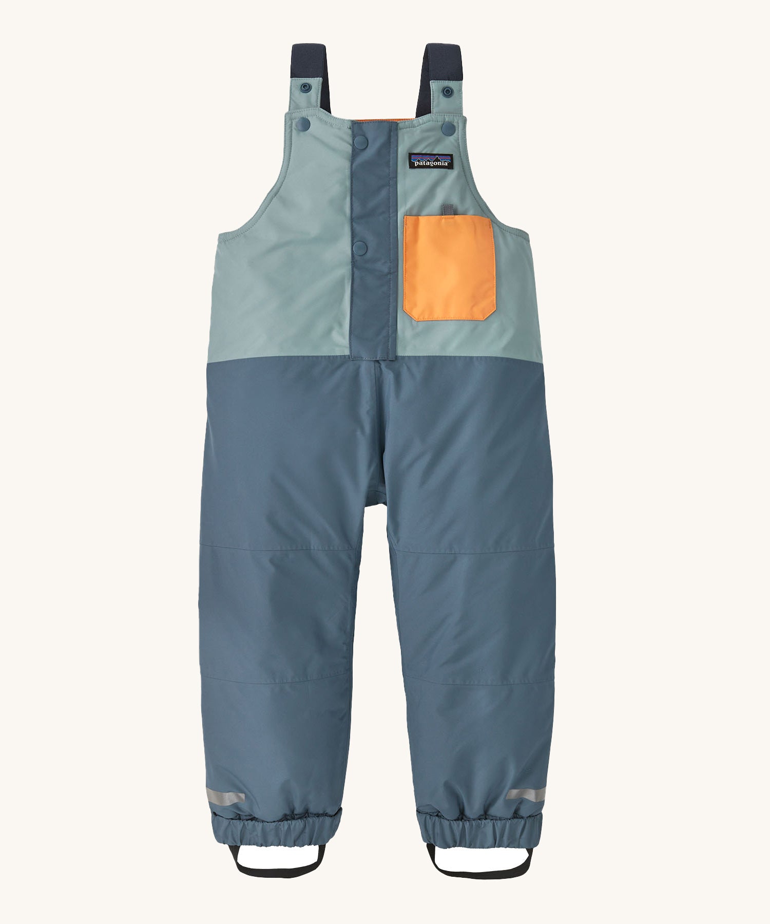 The Patagonia Baby Snow Pile Bibs in a  Thermal Blue colour on a plain background.