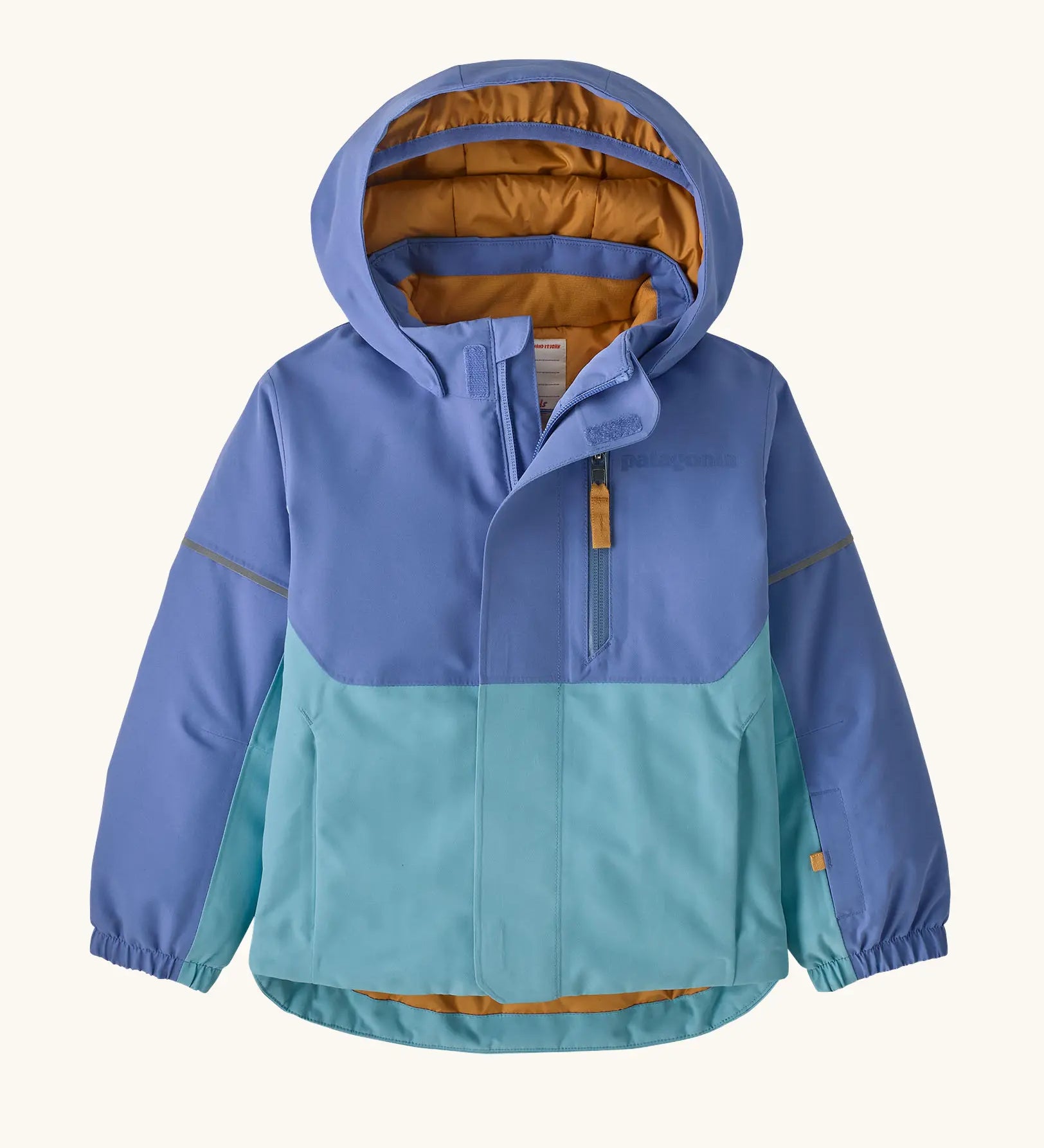 Patagonia water repellent baby snow pile jacket in diver blue with front zip closure and zipped breast pocket. 