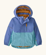Patagonia water repellent baby snow pile jacket in diver blue with front zip closure and zipped breast pocket. 