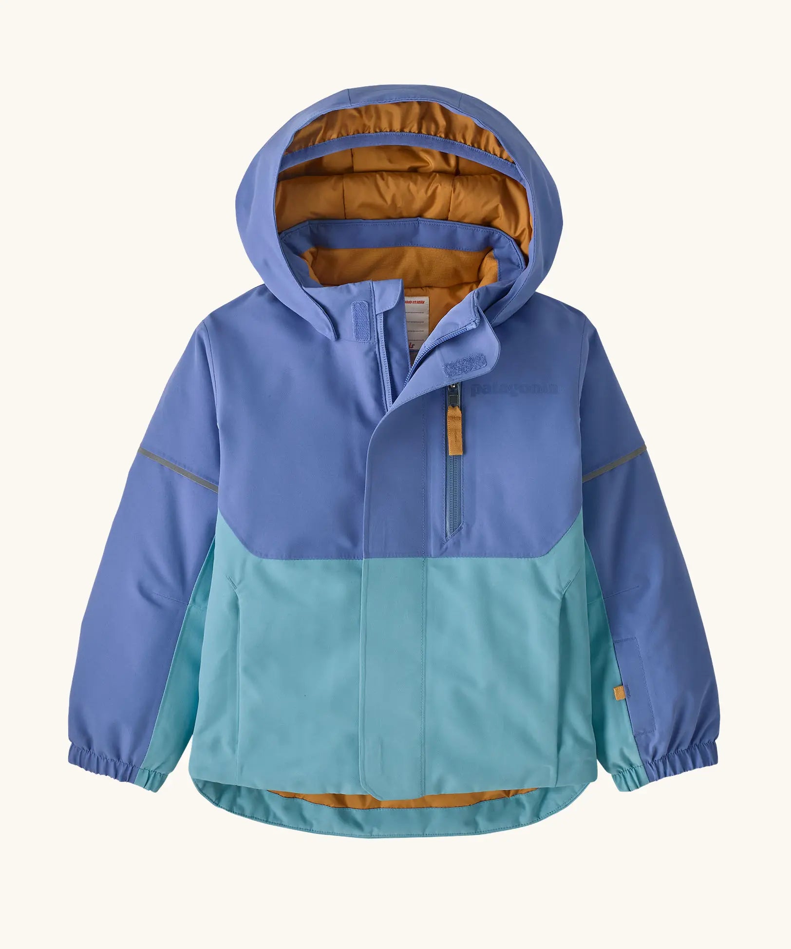 Patagonia water repellent baby snow pile jacket in diver blue with front zip closure and zipped breast pocket. 