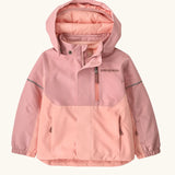 Patagonia water repellent baby snow pile jacket in fuzzy mauve with front zip closure and zipped breast pocket. 
