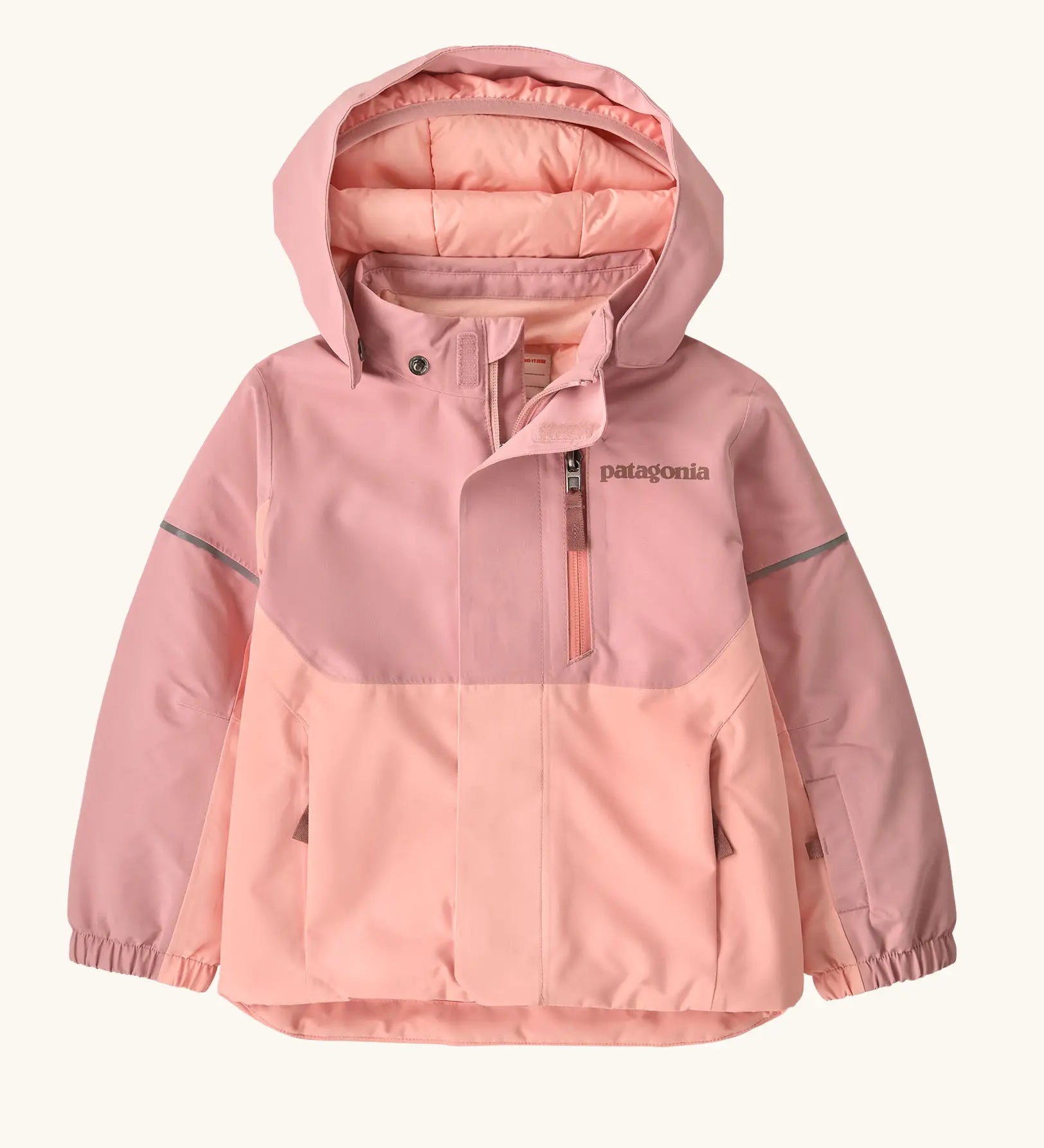 Patagonia water repellent baby snow pile jacket in fuzzy mauve with front zip closure and zipped breast pocket. 