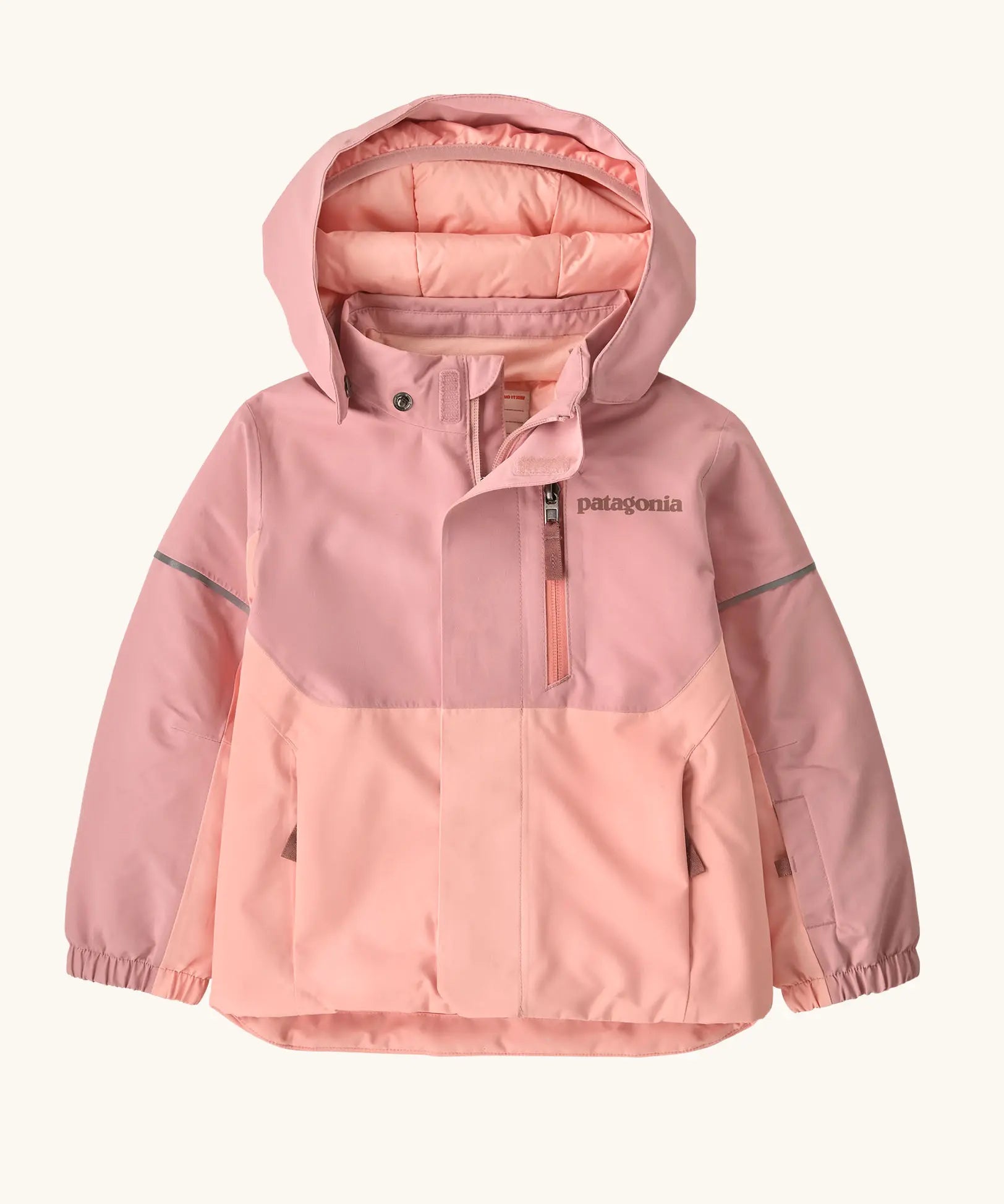 Patagonia water repellent baby snow pile jacket in fuzzy mauve with front zip closure and zipped breast pocket. 