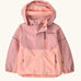 Patagonia water repellent baby snow pile jacket in fuzzy mauve with front zip closure and zipped breast pocket. 