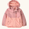 Patagonia water repellent baby snow pile jacket in fuzzy mauve with front zip closure and zipped breast pocket. 