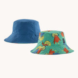 Patagonia reversible baby sun bucket hat one side with a royal fren bird print on an aqua background the other side is plain blue.