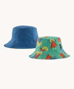Patagonia reversible baby sun bucket hat one side with a royal fren bird print on an aqua background the other side is plain blue.
