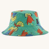 Patagonia reversible baby sun bucket hat shown on the royal fren bird print on an aqua background side.