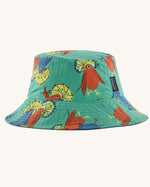 Patagonia reversible baby sun bucket hat shown on the royal fren bird print on an aqua background side.