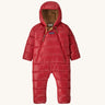 Patagonia Little Kids Hi-Loft Down Sweater Bunting Snow Suit - Touring Red on a plain background.