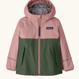 Patagonia little kids torrentshell 3L rain jacket in fuzzy mauve.