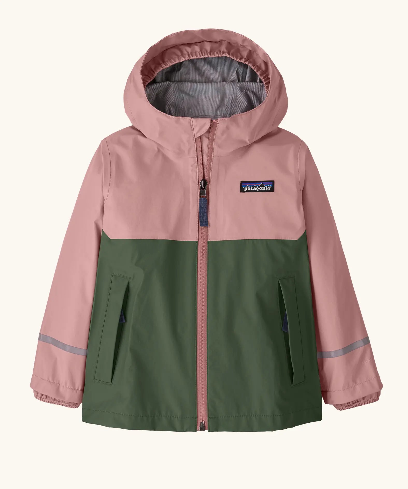 Patagonia little kids torrentshell 3L rain jacket in fuzzy mauve.