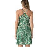 Model showing the keyhole cross body straps of the Patagonia Amber Dawn dress.
