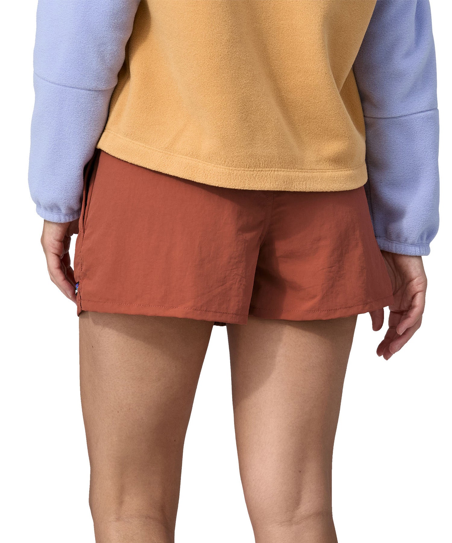 Patagonia women's barely baggies shorts in brown worn by a woman back detail
