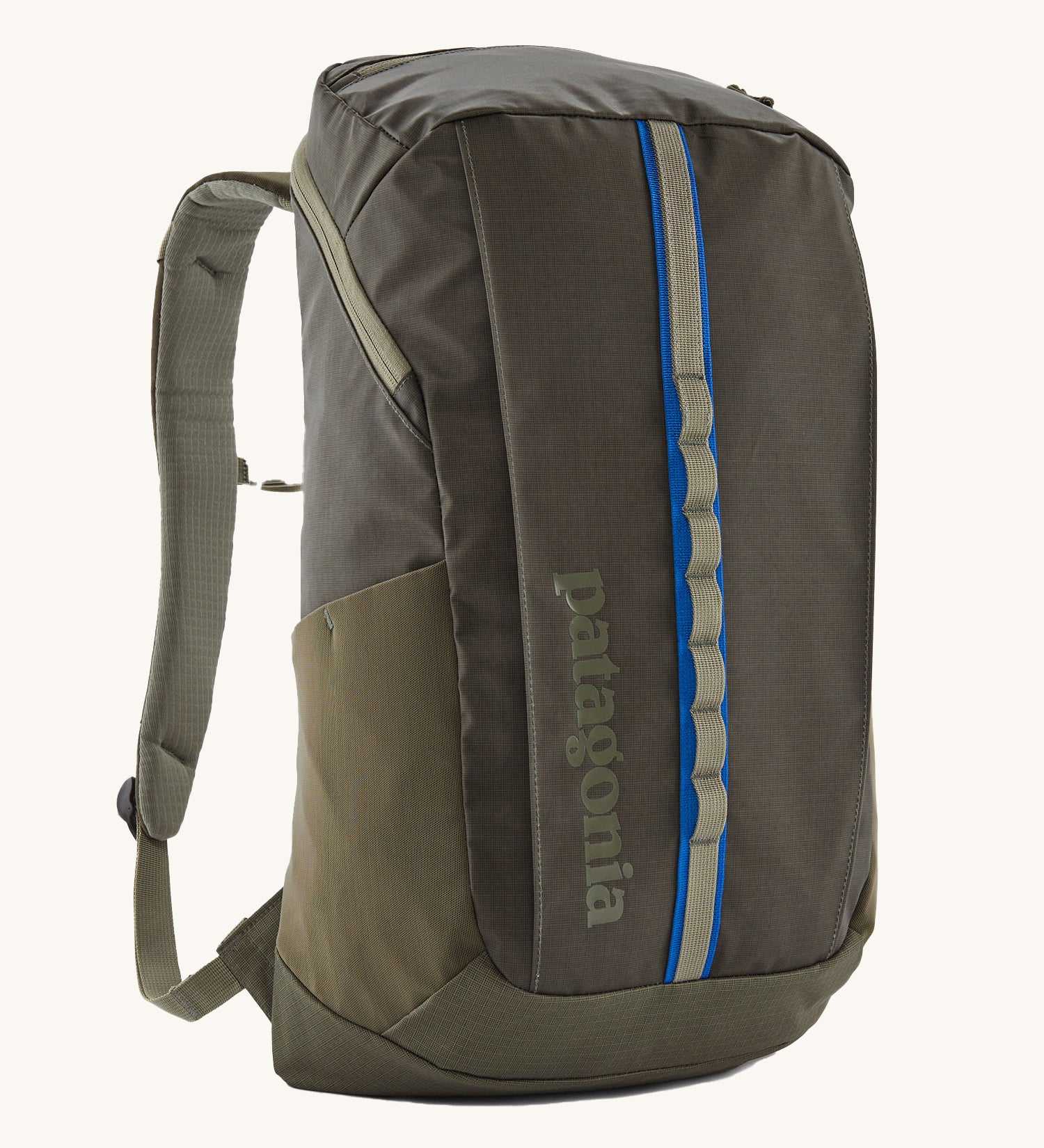 Patagonia 25L black hole backpack in a basin green colour on a cream backgrobund.