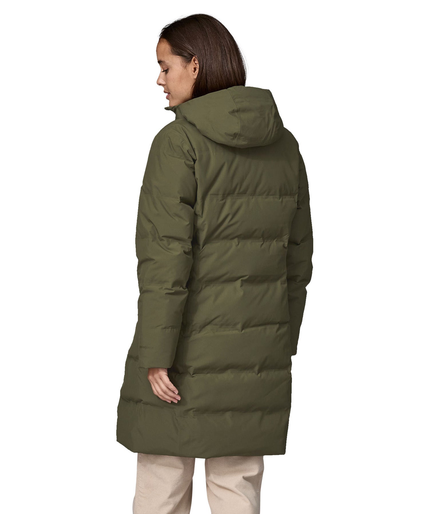 Patagonia women's glacier parka coat in basin green colour back detail