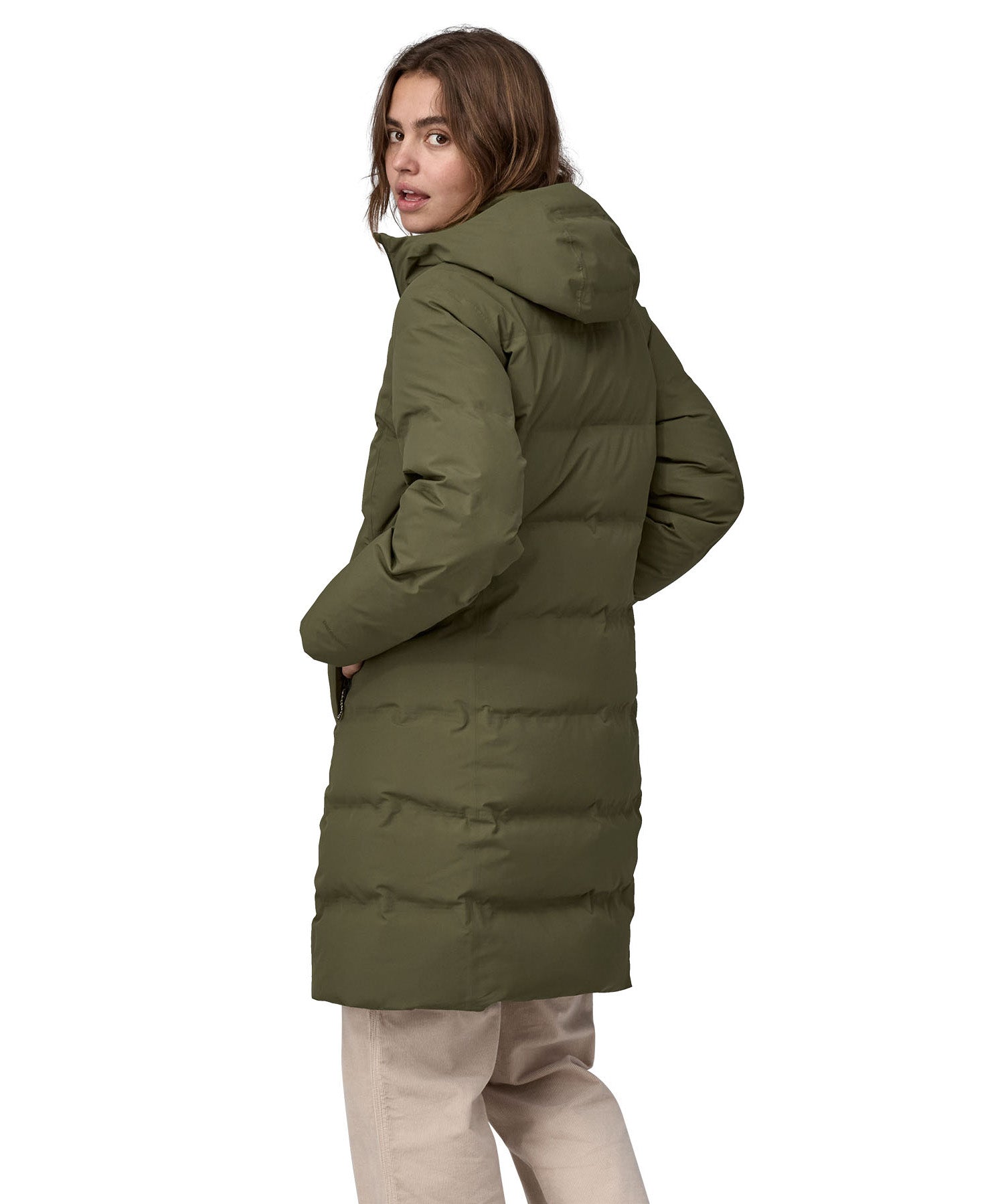 Patagonia women's glacier parka coat in basin green colour back detail