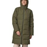 Patagonia women's glacier parka coat in basin green colour front and hood detail