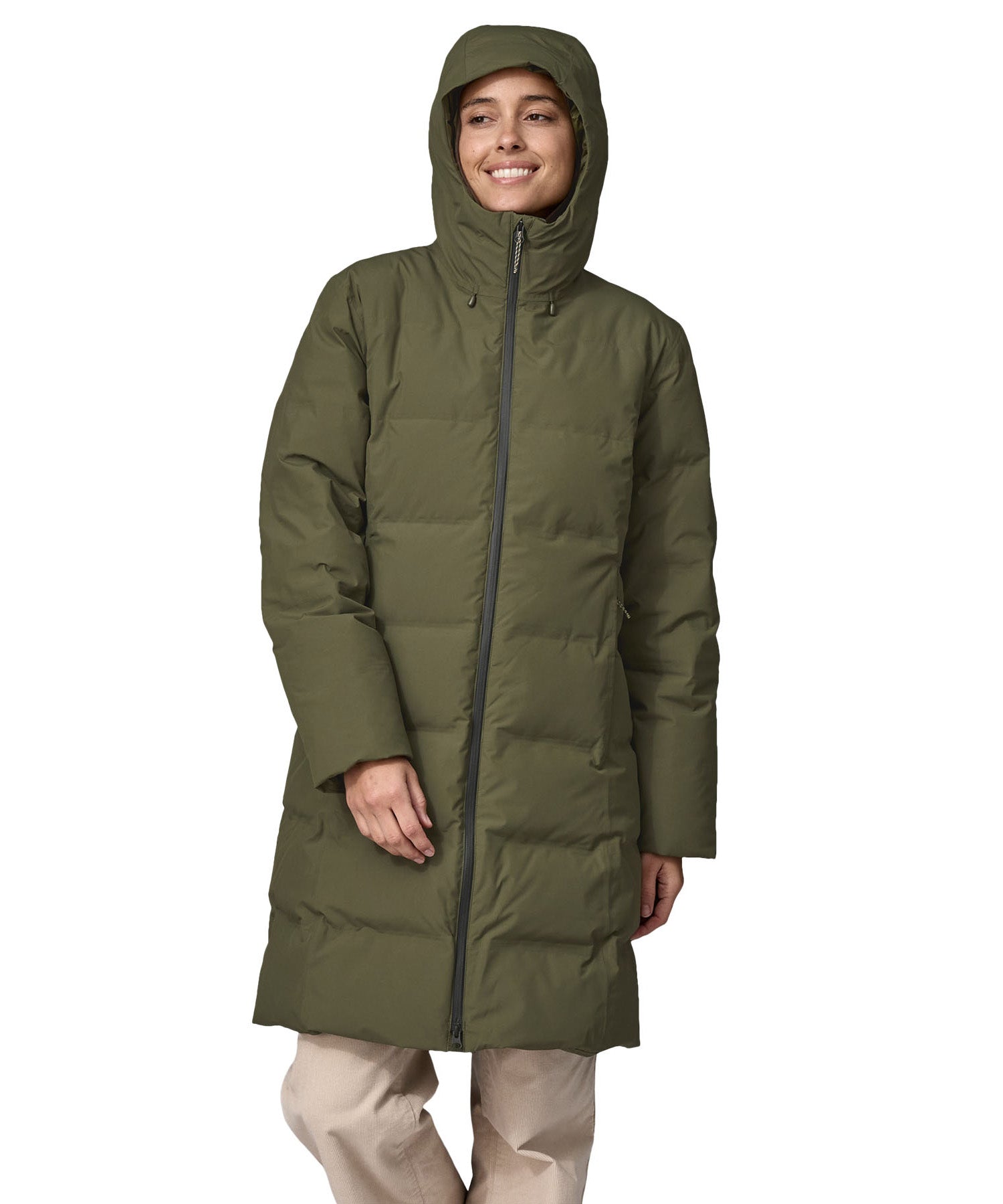 Patagonia women's glacier parka coat in basin green colour front and hood detail