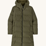Patagonia women's glacier parka coat in basin green colour on a cream background.