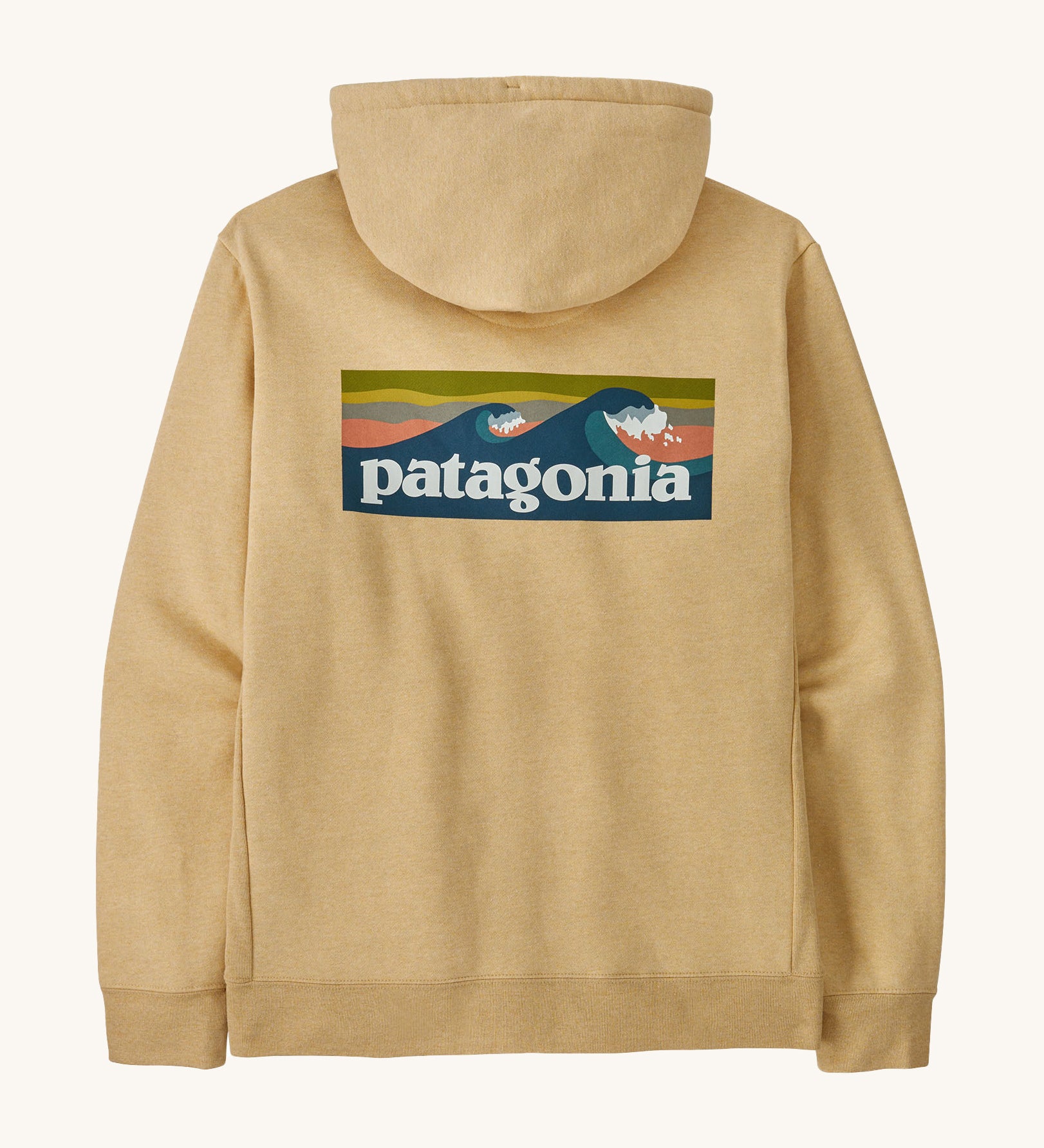 Patagonia boardshort uprisal logo hoody in beeswax tan on a cream background.