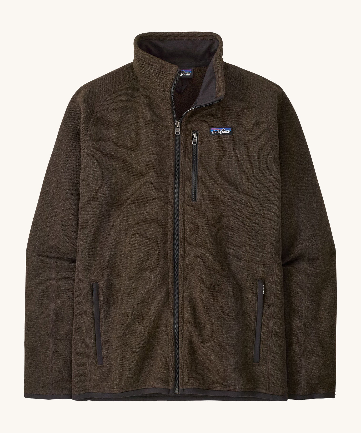 Patagonia men's better sweater in otter brown. A lightweight fleece style jacket with full length zip, 2 side pockets, a chest pocket and features the brand logo patch stitched on the left chest 