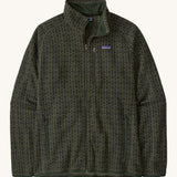 Patagonia men's better sweater . A light and dark green with a scales pattern lightweight fleece style jacket with full length zip, 2 side pockets, a chest pocket and features the brand logo patch stitched on the left chest 