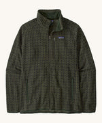 Patagonia men's better sweater . A light and dark green with a scales pattern lightweight fleece style jacket with full length zip, 2 side pockets, a chest pocket and features the brand logo patch stitched on the left chest 