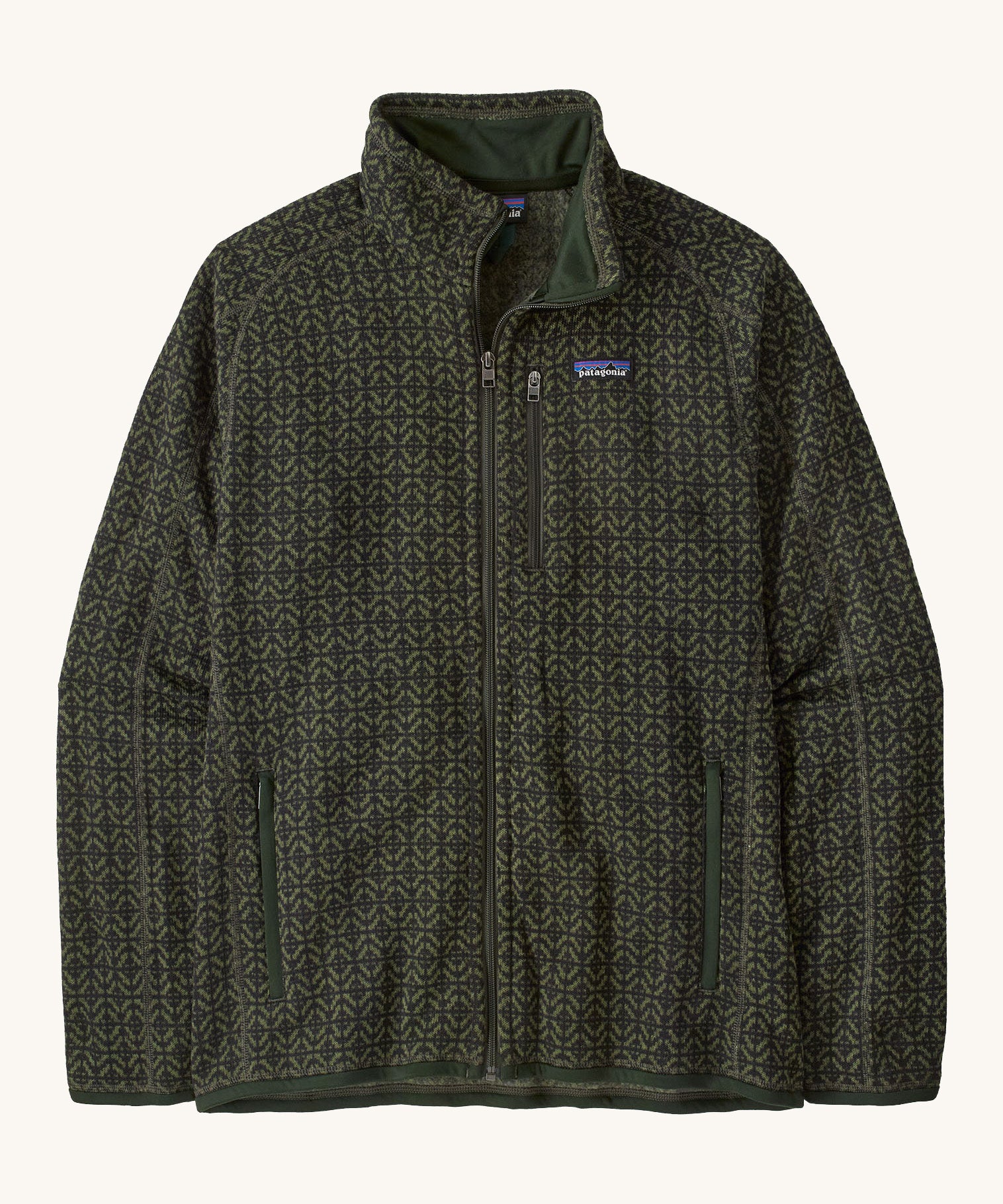 Patagonia men's better sweater . A light and dark green with a scales pattern lightweight fleece style jacket with full length zip, 2 side pockets, a chest pocket and features the brand logo patch stitched on the left chest 