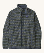 Patagonia men's better sweater . A green and blue with a pattern lightweight fleece style jacket with full length zip, 2 side pockets, a chest pocket and features the brand logo patch stitched on the left chest 
