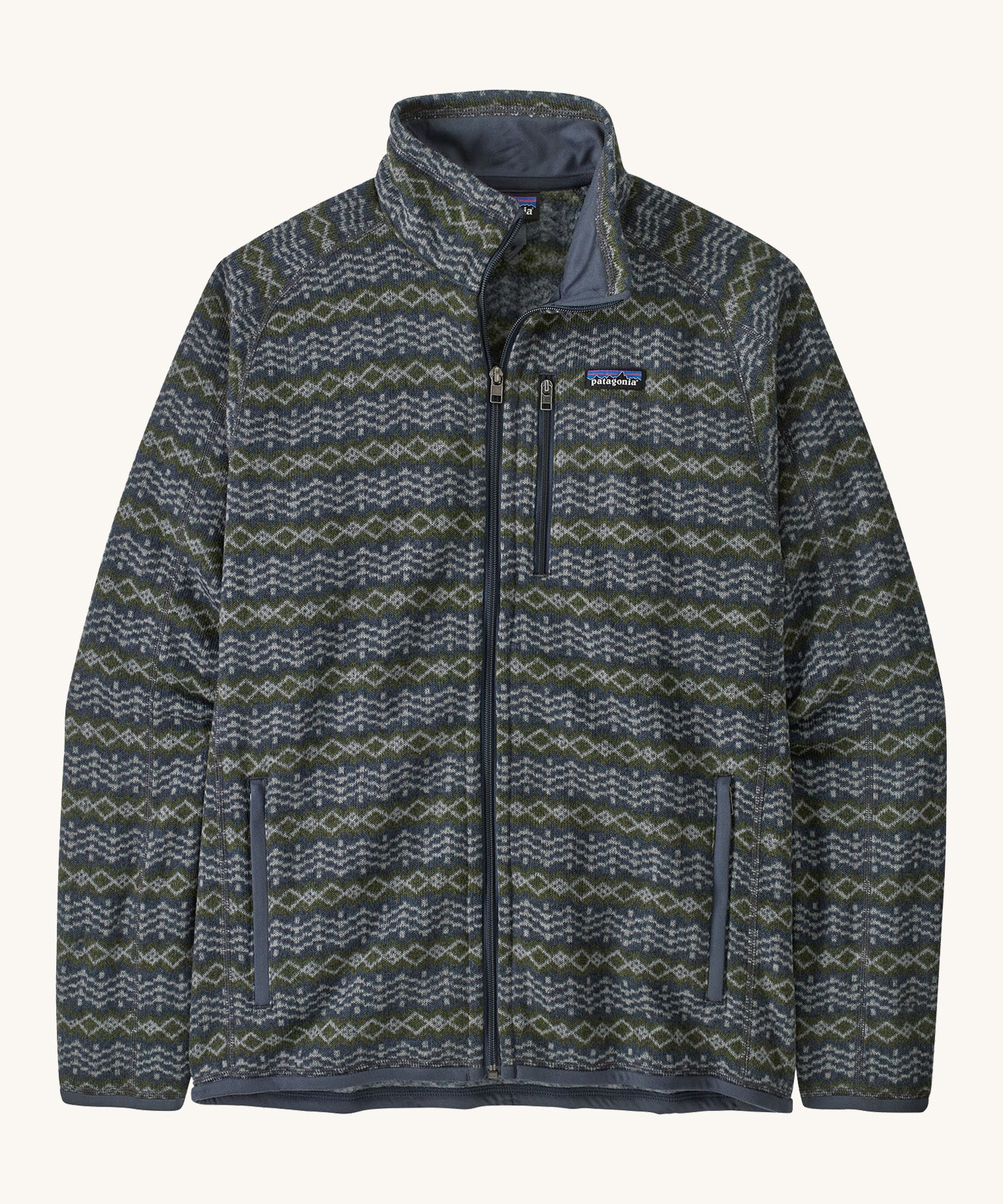 Patagonia men's better sweater . A green and blue with a pattern lightweight fleece style jacket with full length zip, 2 side pockets, a chest pocket and features the brand logo patch stitched on the left chest 