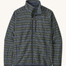 Patagonia men's better sweater . A green and blue with a pattern lightweight fleece style jacket with full length zip, 2 side pockets, a chest pocket and features the brand logo patch stitched on the left chest 