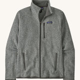 Patagonia men's better sweater . A grey lightweight fleece style jacket with full length zip, 2 side pockets, a chest pocket and features the brand logo patch stitched on the left chest 