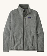Patagonia men's better sweater . A grey lightweight fleece style jacket with full length zip, 2 side pockets, a chest pocket and features the brand logo patch stitched on the left chest 