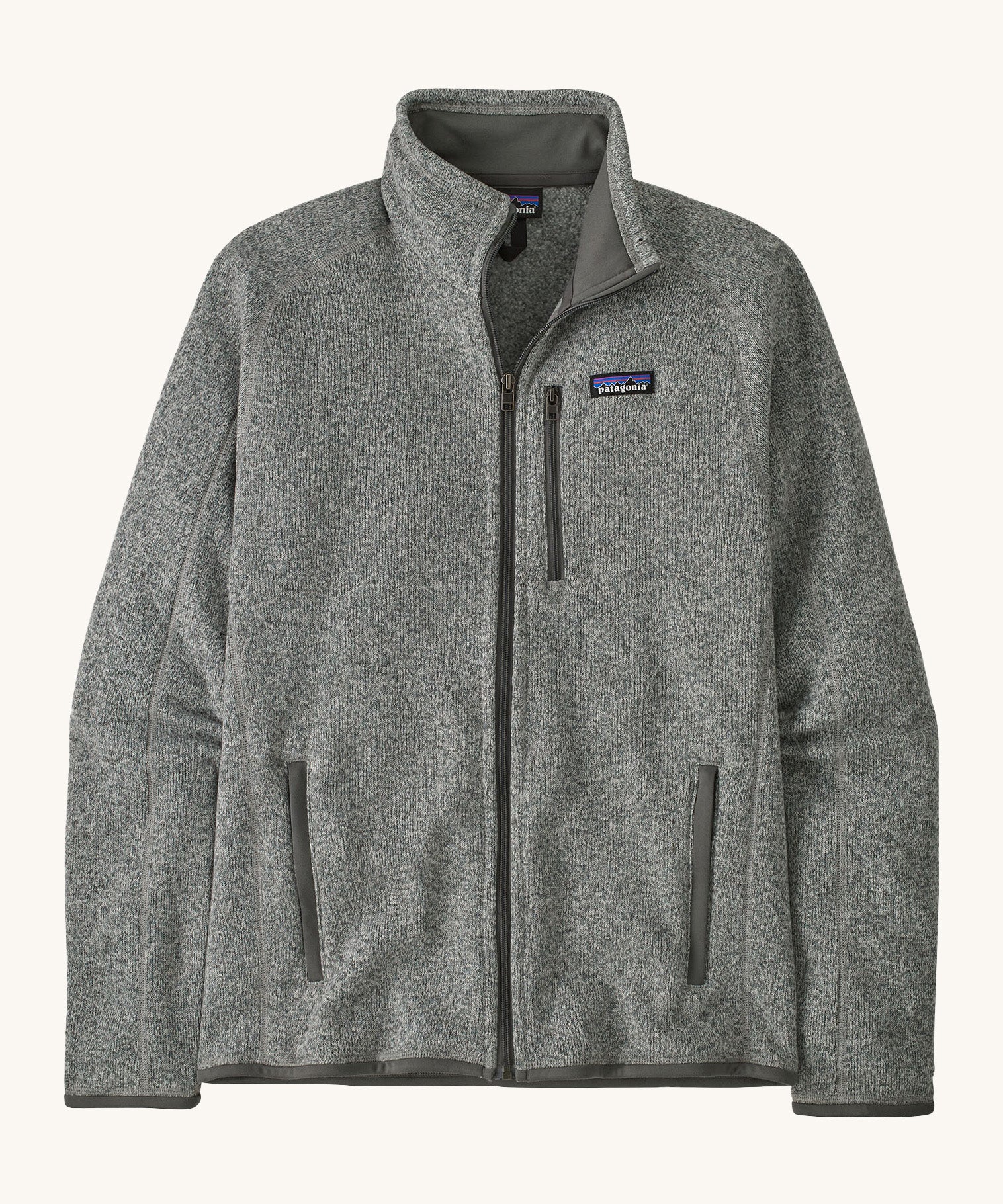 Patagonia men's better sweater . A grey lightweight fleece style jacket with full length zip, 2 side pockets, a chest pocket and features the brand logo patch stitched on the left chest 
