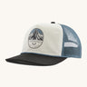 Patagonia airfarer cap in a birch white colour and Chouinard crest design on a cream background.
