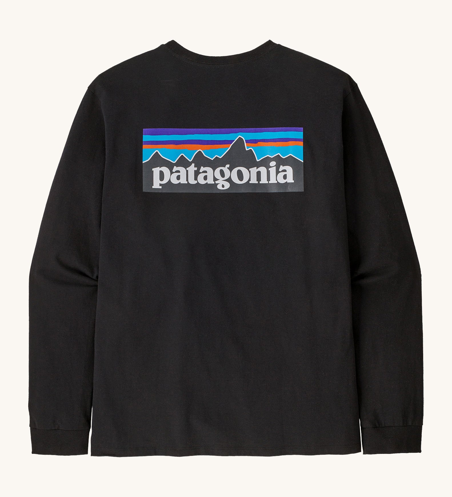 Rear view of the Patagonia Adult  L/S P-6 Logo Responsibili-Tee. A black long sleeve cotton top showing the big brand logo patch printed on the top .