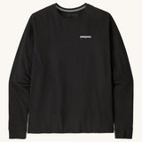 Patagonia Adult  L/S P-6 Logo Responsibili-Tee. A black long sleeve cotton top with the brand name printed on the left chest