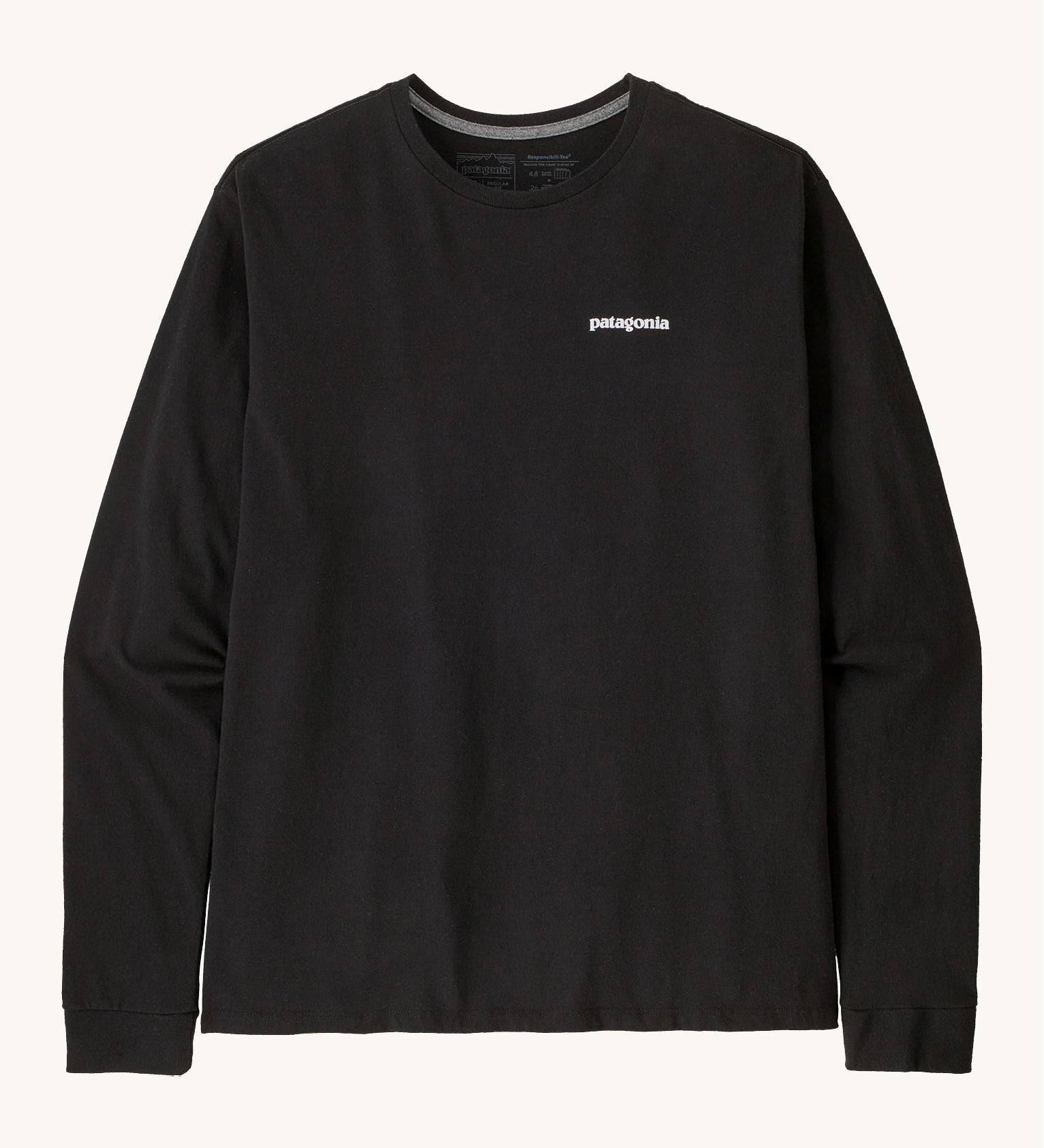 Patagonia Adult  L/S P-6 Logo Responsibili-Tee. A black long sleeve cotton top with the brand name printed on the left chest