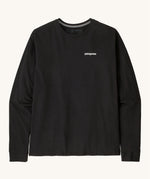Patagonia Adult  L/S P-6 Logo Responsibili-Tee. A black long sleeve cotton top with the brand name printed on the left chest